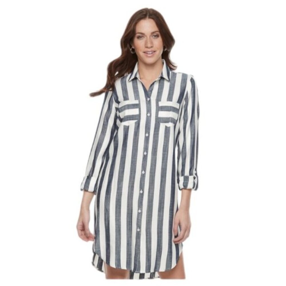 Hope and Harlow Size 8 Striped Shirt Dress Navy And White